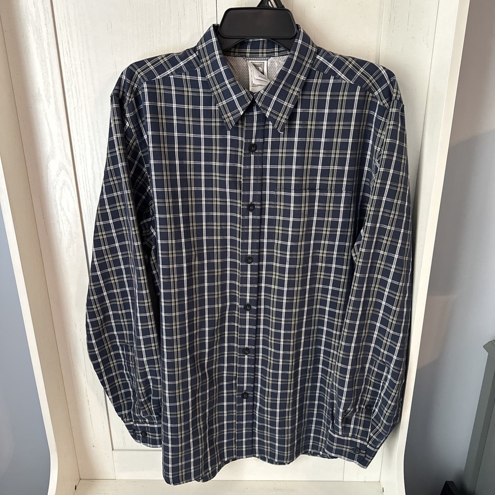 The North Face Men's Shirt L Long Sleeve Blue White Plaid Regular Fit Pocket